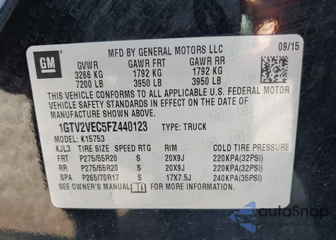 2015 GMC Sierra 1500 Slt z USA, uszkodzony, nr VIN 1GTV2VEC5FZ440123